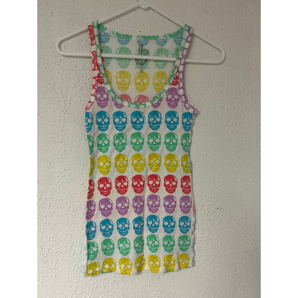 Delias Rainbow Skull Print Ribbed Tank Top White Medium Y2K Graphic Sleeveless